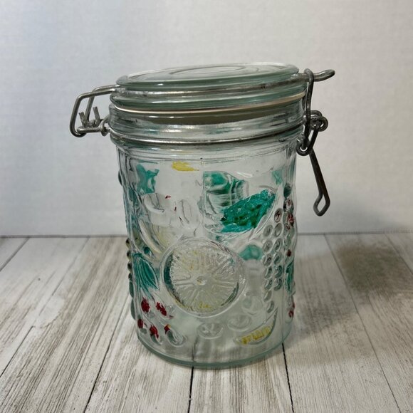 Vintage Canister Jar Storage Glass Fruit Embossed Wire Bale Lid - Set Of 3 - Picture 3 of 10